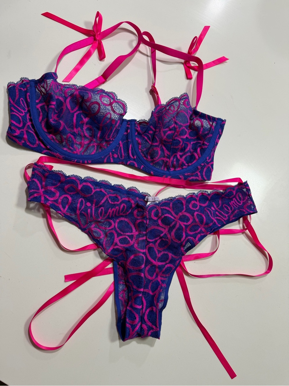 Savage X Fenty Electric Blue and Hot Pink Lace Bra & Bikini Set